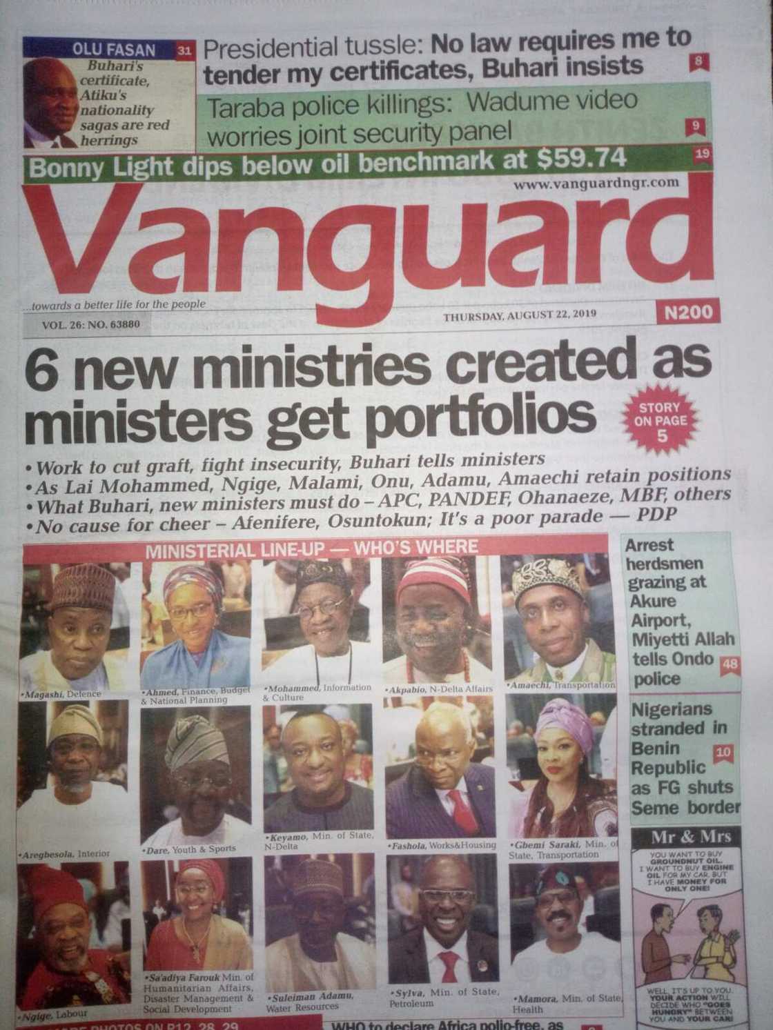 Vanguard newspaper review of August 22 Vanguard newspaper review of August 22
