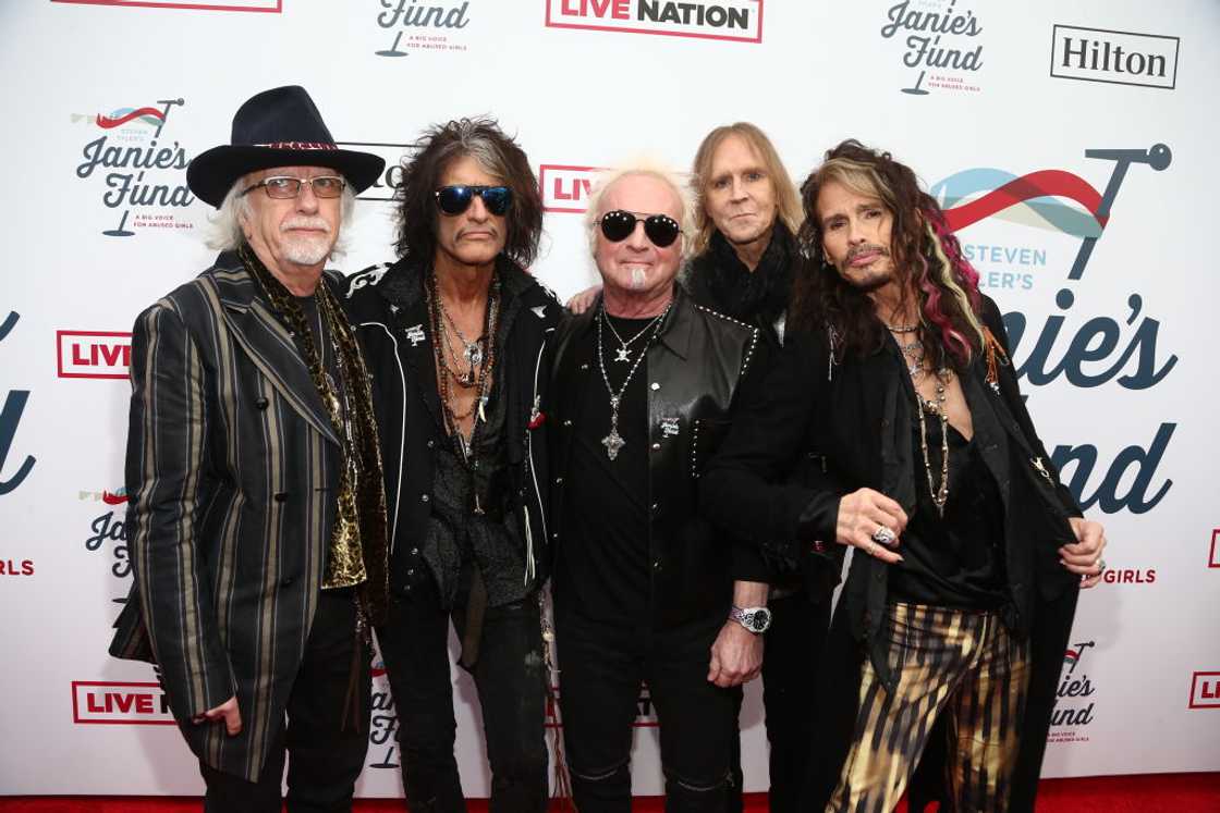 Brad Whitford, Joe Perry, Joey Kramer, Tom Hamilton and Steven Tyler of Aerosmith at Raleigh Studios