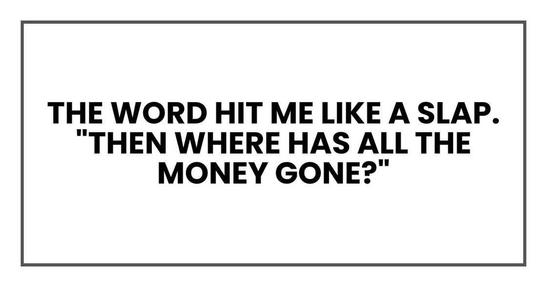 The word hit me like a slap. "Then where has all the money gone?" The word hit me like a slap. "Then where has all the money gone?"