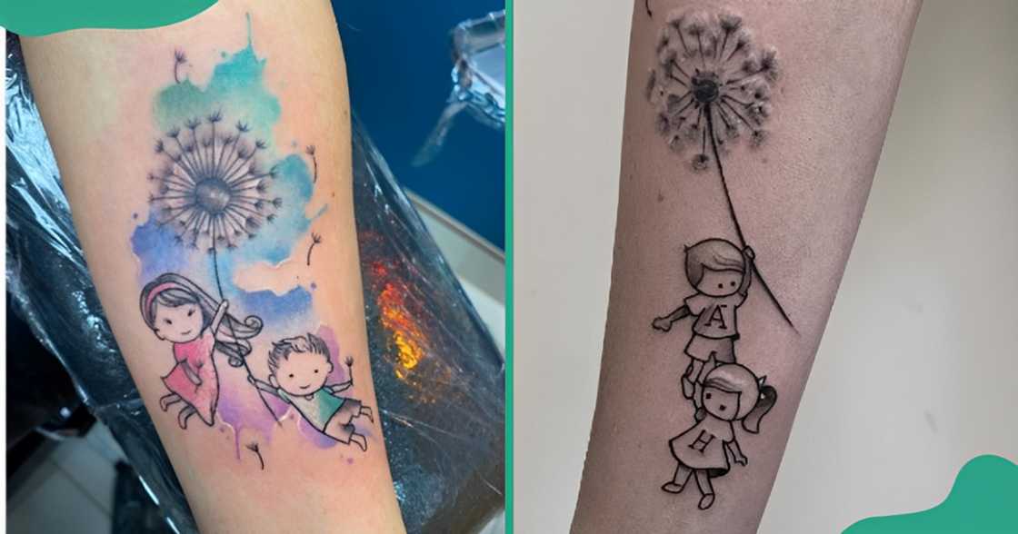 Dandelion tattoos with small children on the arms. Dandelion tattoos with small children on the arms.
