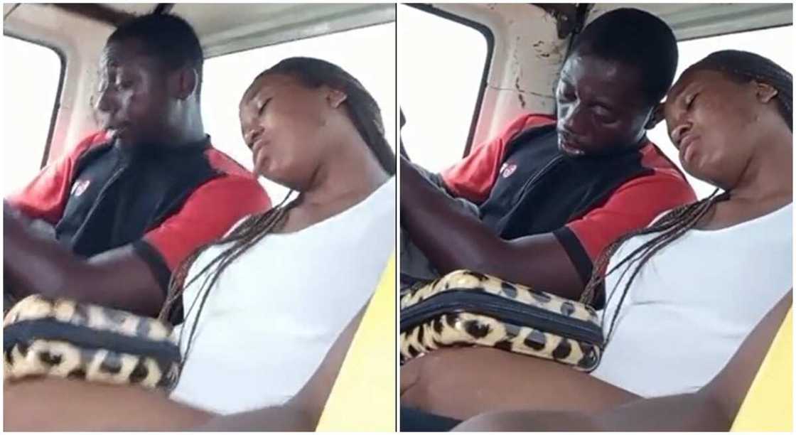 Photos of a man and woman sleeping inside bus. Photos of a man and woman sleeping inside bus.