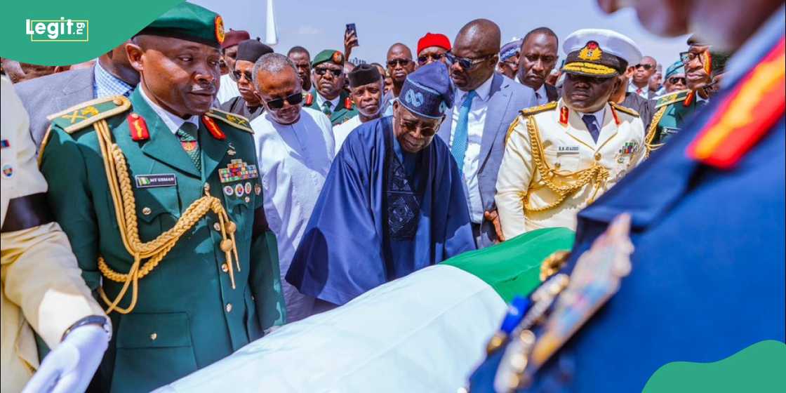 Tinubu receives Buhari's remains at Umaru Musa Yaradua Int'l Airport. Tinubu receives Buhari's remains at Umaru Musa Yaradua Int'l Airport.