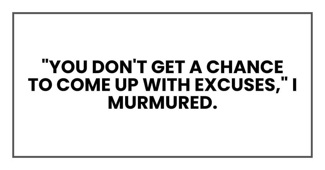 "You don't get a chance to come up with excuses," I murmured. "You don't get a chance to come up with excuses," I murmured.