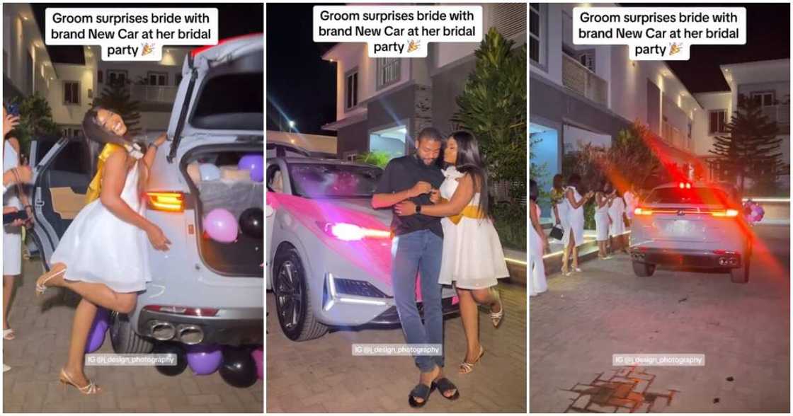 Groom, wife, car, bridal party Groom, wife, car, bridal party
