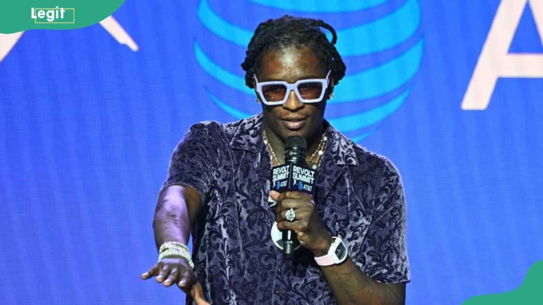 Rapper Young Thug speaks onstage Rapper Young Thug speaks onstage