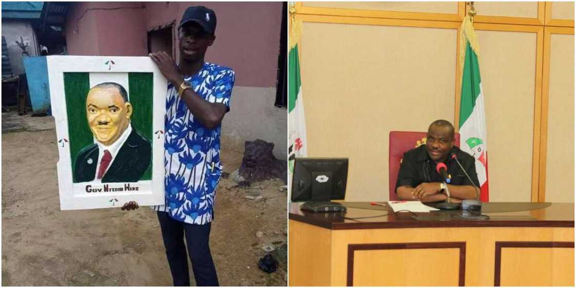 A young man displayed his creativity by drawing a portrait of Governor Nyesom Wike of Rivers state A young man displayed his creativity by drawing a portrait of Governor Nyesom Wike of Rivers state