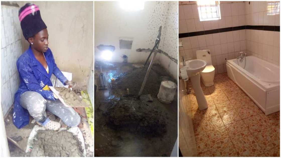 Lady who tiles floor for a living showcases her hustler, photos go viral Lady who tiles floor for a living showcases her hustler, photos go viral