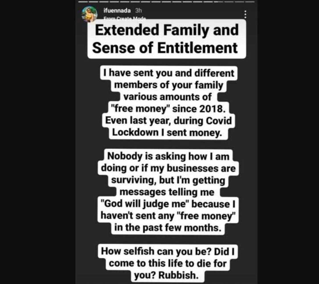 BBNaija star Ifu Ennada calls out entitled members of her extended family for being selfish BBNaija star Ifu Ennada calls out entitled members of her extended family for being selfish