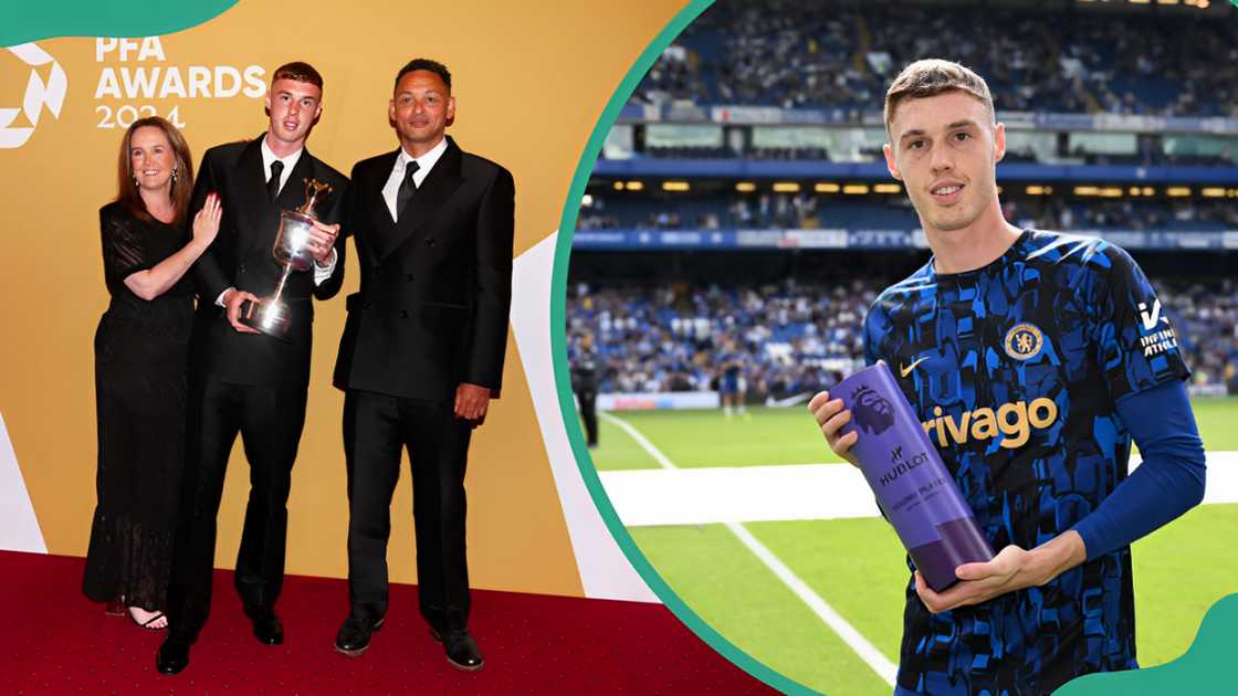 Cole Palmer with his parents Marie and Jermaine at the Opera House Manchester (L) Cole Palmer of Chelsea at Stamford Bridge in London, England (R)