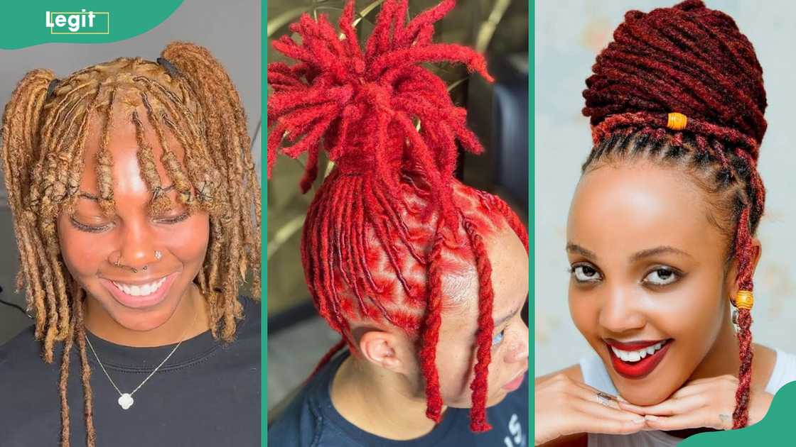 Blonde locs updo (L), High ponytail vibrant red updo (C), Braided loc high bun with beads (R) Blonde locs updo (L), High ponytail vibrant red updo (C), Braided loc high bun with beads (R)