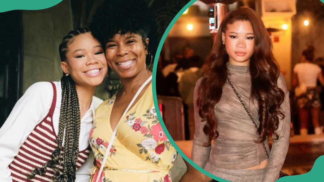 Storm Reid and her mother, Robyn Simpson Reid, posing for a photo (L). The actress in a form-fitting grey outfit (R)