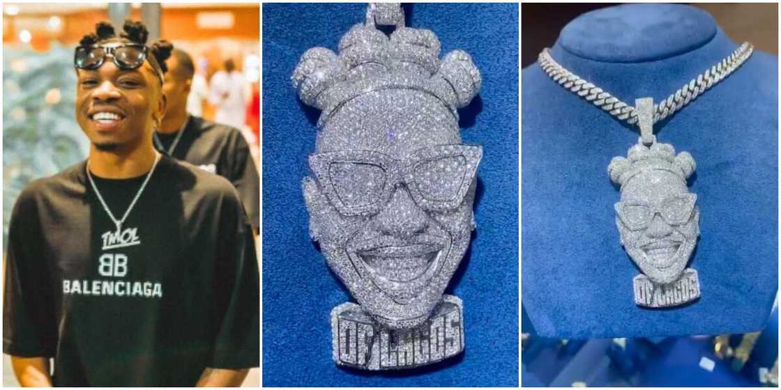 Mayorkun's diamond pendant. Mayorkun's diamond pendant.