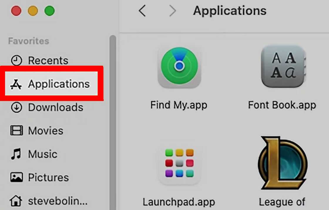 Applications folder on a Mac