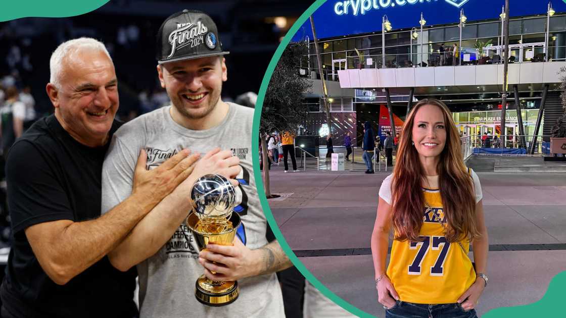 Luka Doncic with his father, Sasa, at Target Center in Minneapolis, Minnesota (L). Luka's mum in front of the Crypto.com Arena building (R) Luka Doncic with his father, Sasa, at Target Center in Minneapolis, Minnesota (L). Luka's mum in front of the Crypto.com Arena building (R)