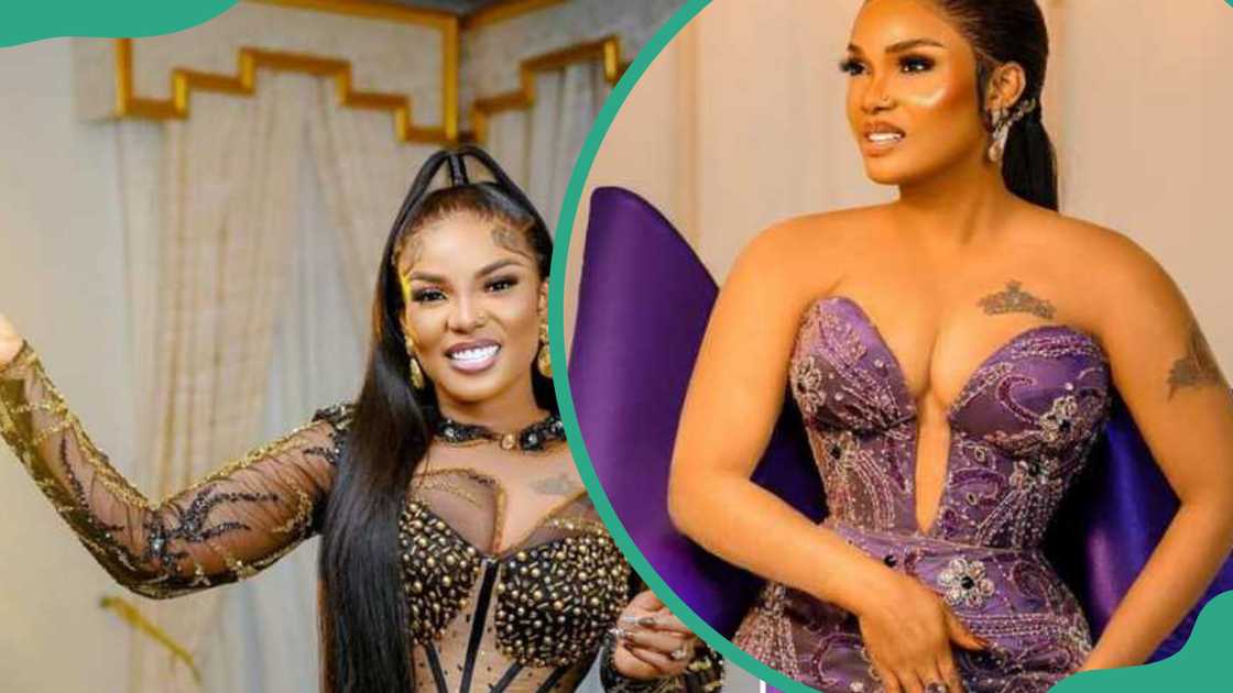 Iyabo poses for photos with a black and purple dress Iyabo poses for photos with a black and purple dress