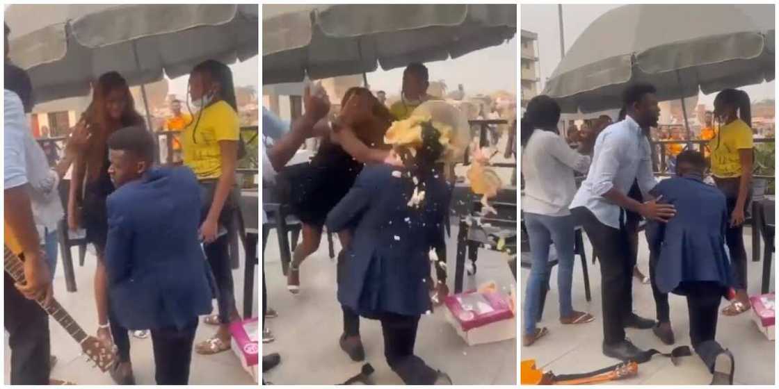 Viral video shows moment Nigerian lady bathes man in cake, gives him two hot slaps for proposing to her Viral video shows moment Nigerian lady bathes man in cake, gives him two hot slaps for proposing to her