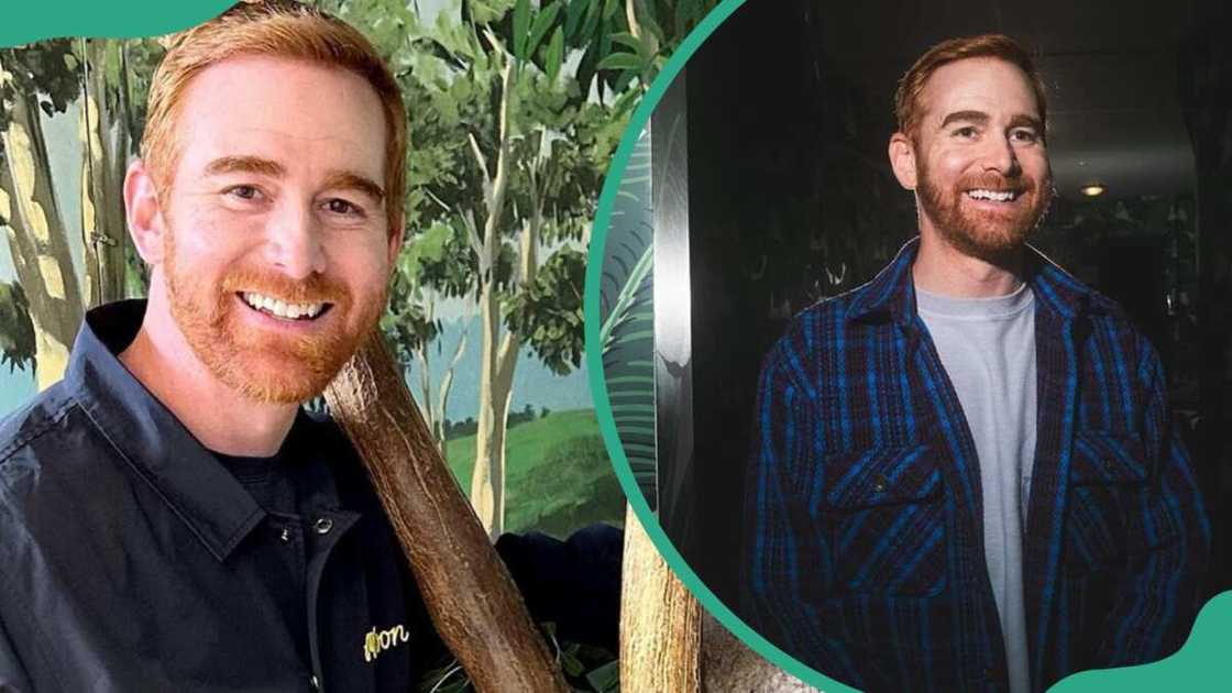 Andrew Santino at an animal orphanage (L). The comedian at the backstage preparing for a performance (R).