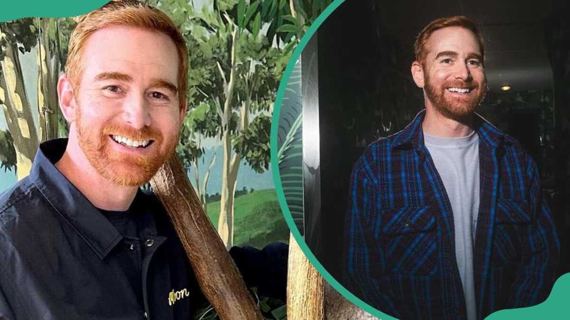 Andrew Santino at an animal orphanage (L). The comedian at the backstage preparing for a performance (R). Andrew Santino at an animal orphanage (L). The comedian at the backstage preparing for a performance (R).