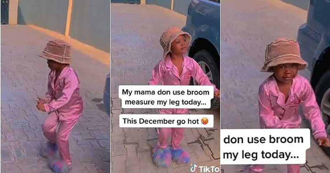 Little girl dances, broom stick to measure leg