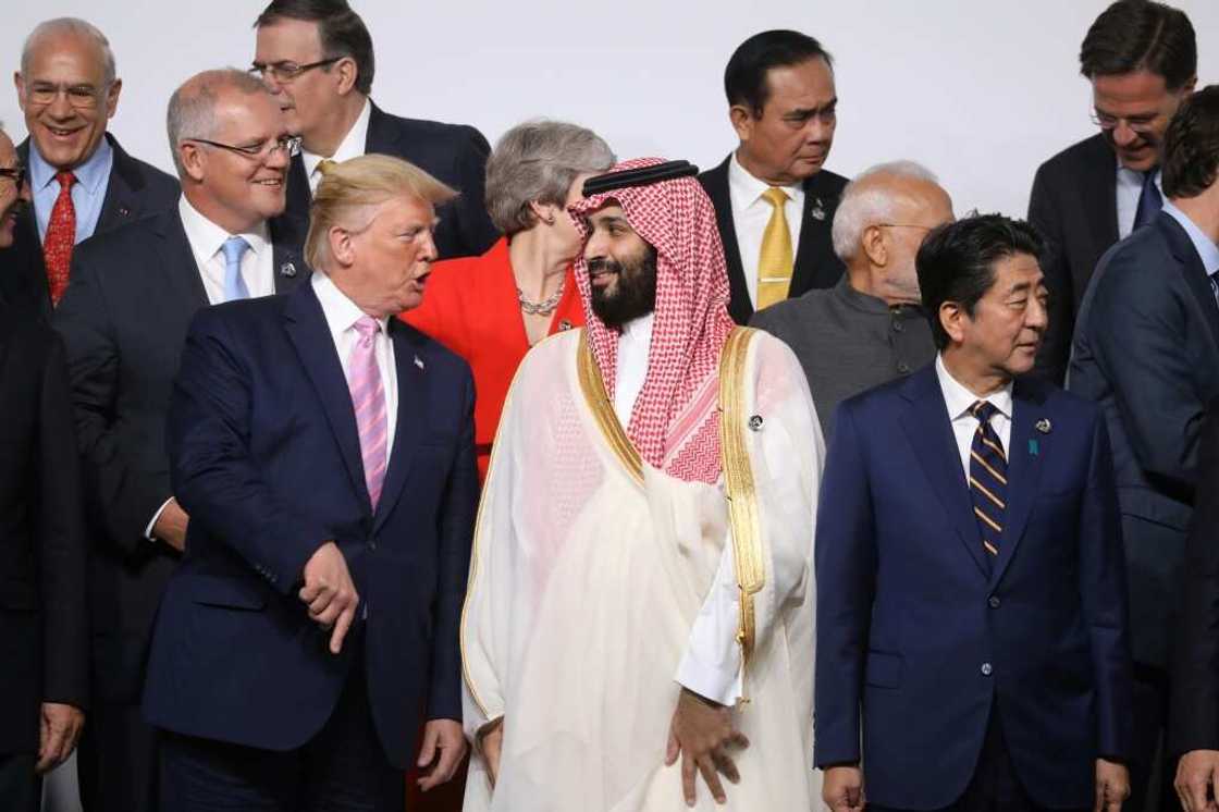 Then US president Donald Trump and Saudi Crown Prince Mohammed bin Salman speak at the G20 Osaka Summit on June 28, 2019 Then US president Donald Trump and Saudi Crown Prince Mohammed bin Salman speak at the G20 Osaka Summit on June 28, 2019