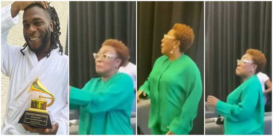Burna Boy's mum dances 'gbese' in video. Burna Boy's mum dances 'gbese' in video.