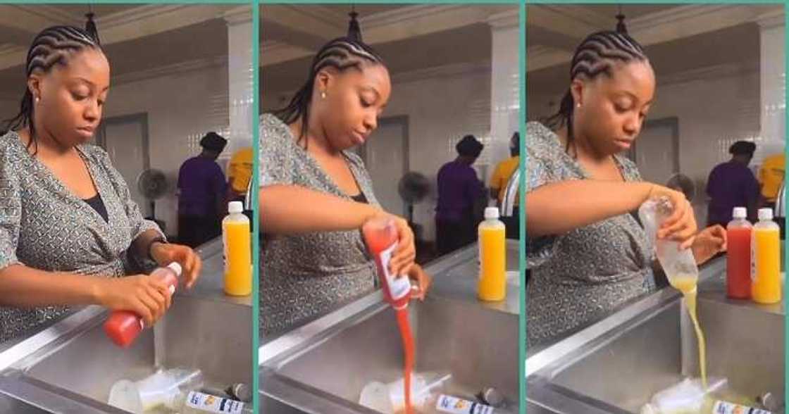 Fruit juice seller pouring away containers of drink