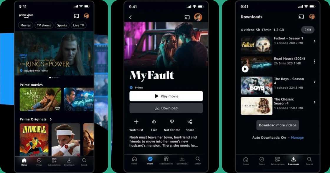 Screenshots of the Prime Video app. Screenshots of the Prime Video app.