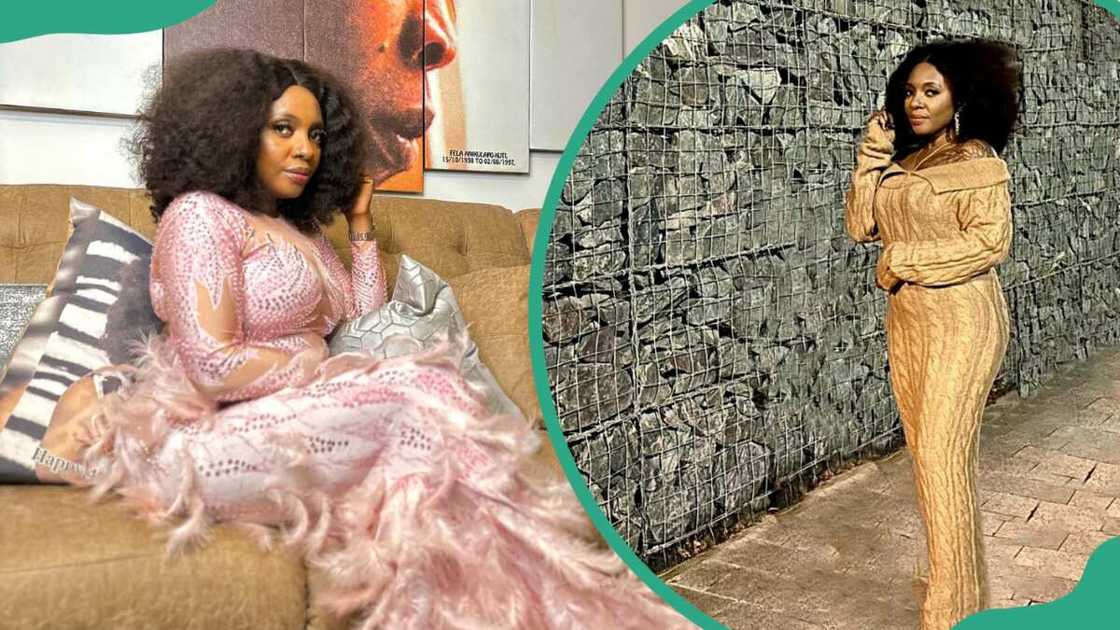 Shalewa Kuti sitting on a brown couch (L). The musical artist standing against a textured wall (R) Shalewa Kuti sitting on a brown couch (L). The musical artist standing against a textured wall (R)