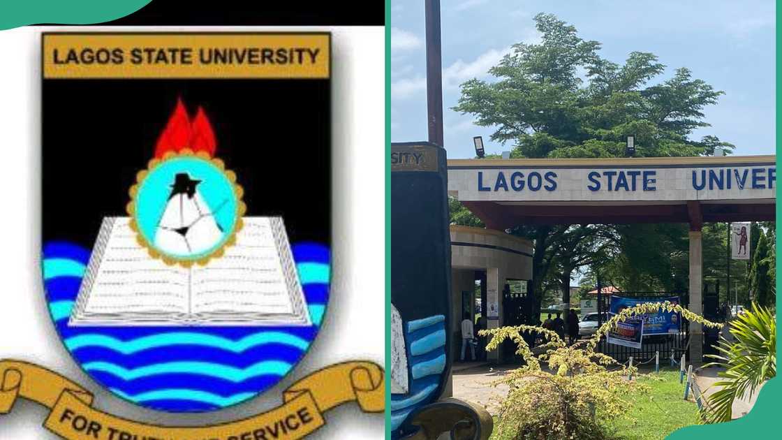 Lagos State University official logo and main gate Lagos State University official logo and main gate