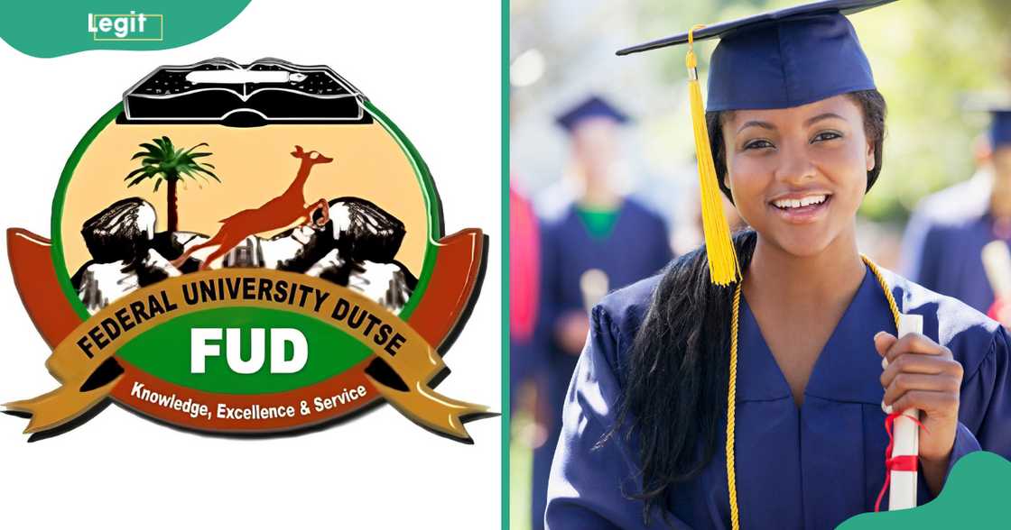 The Federal University Dutse logo (L) and a student pictured standing in a graduation gown during a graduation ceremony (R).