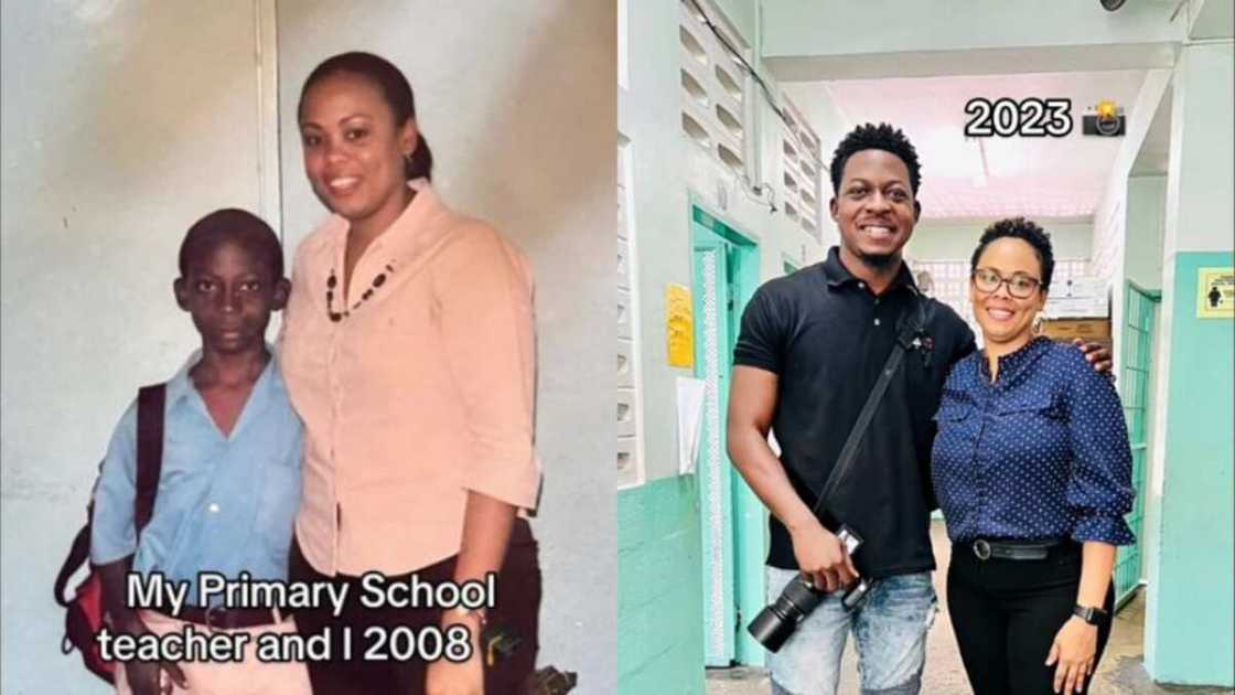 Teacher posed for another picture with student decade after