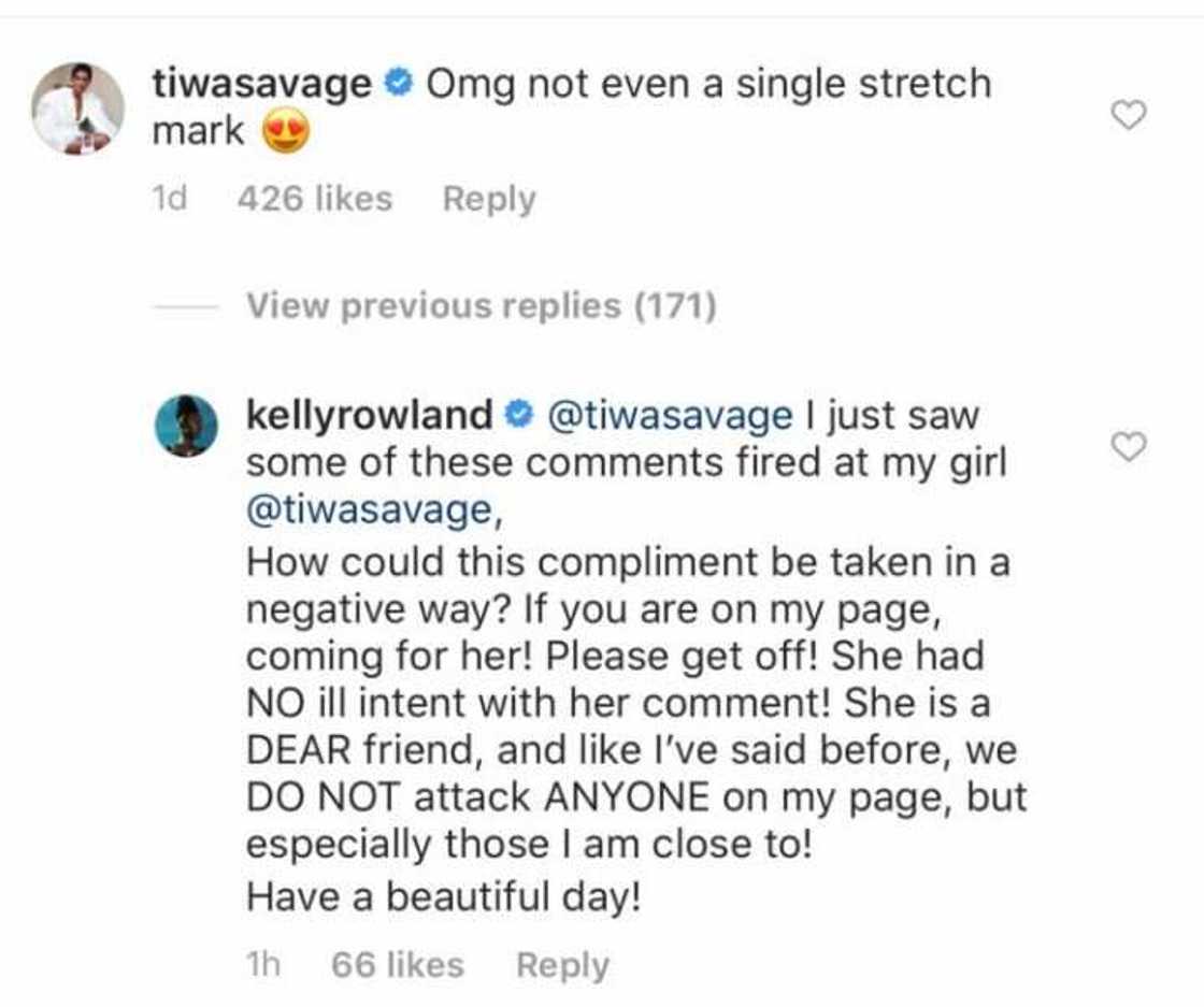 Kelly Rowland defends Tiwa Savage after trolls dragged her over stretch marks comment (screenshot) Kelly Rowland defends Tiwa Savage after trolls dragged her over stretch marks comment (screenshot)
