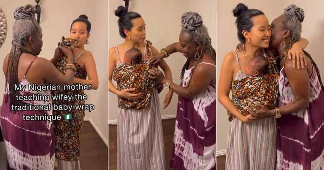 Nigerian woman helps oyinbo daughter-in-law carry her baby Nigerian woman helps oyinbo daughter-in-law carry her baby