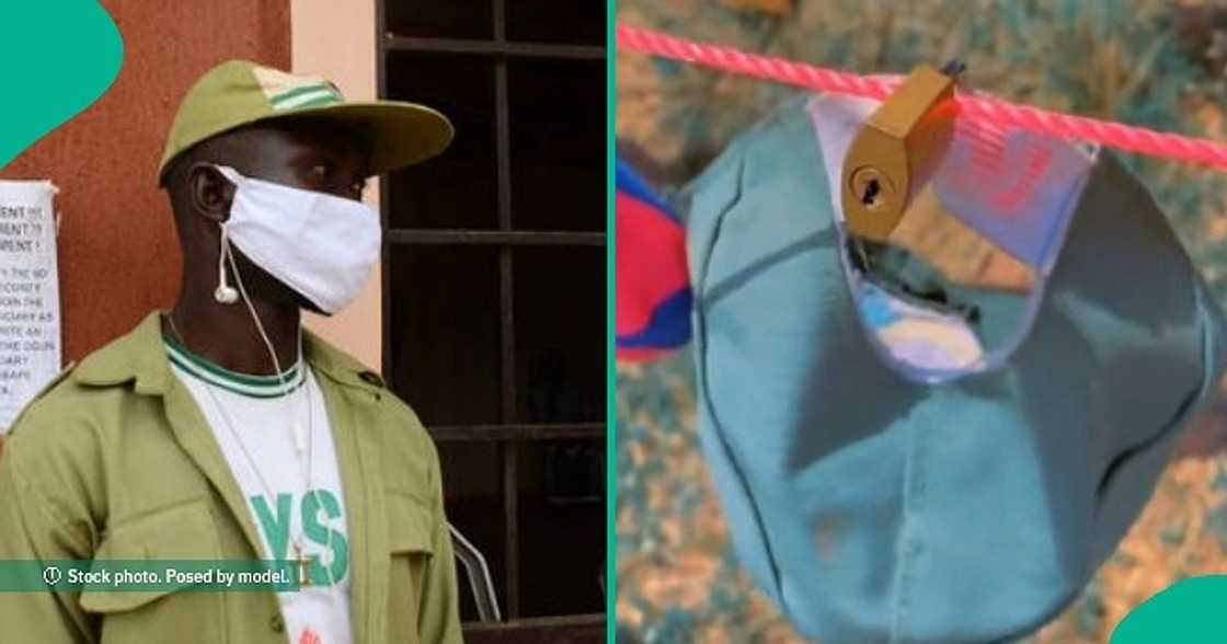 Corps member protects NYSC cap with padlock Corps member protects NYSC cap with padlock