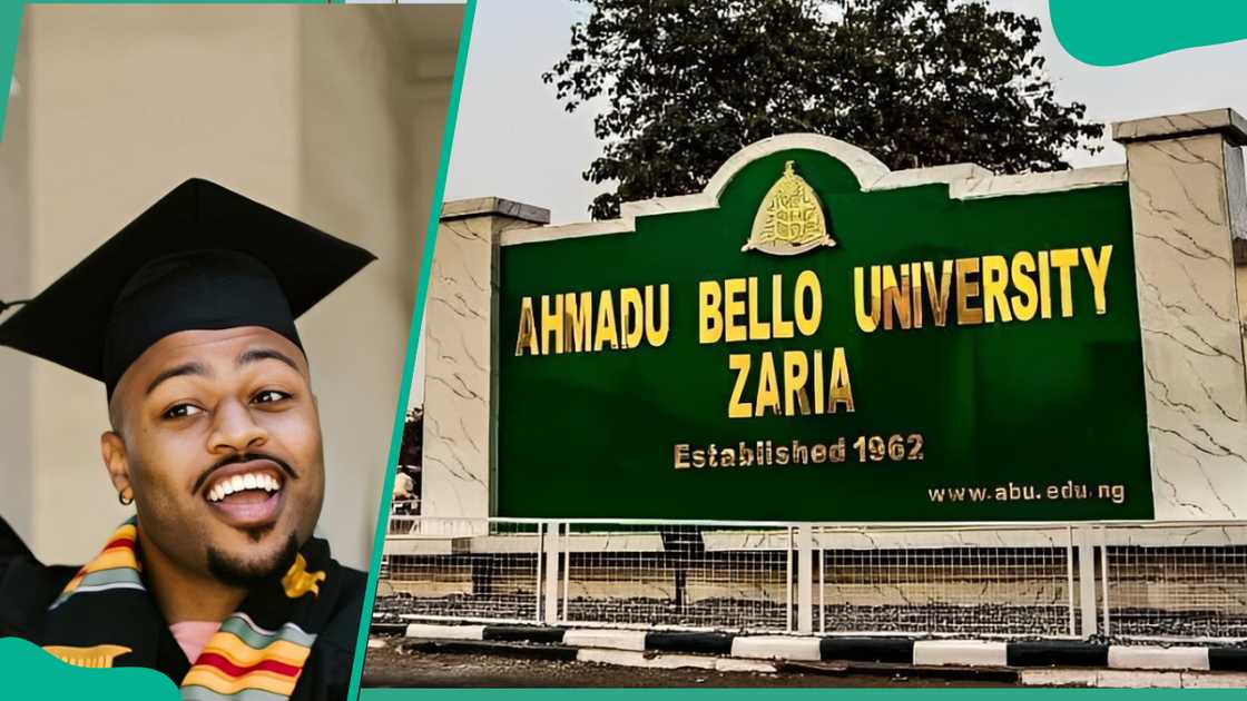 A male student wearing graduation attire (L) and Ahmadu Bello University block (R)