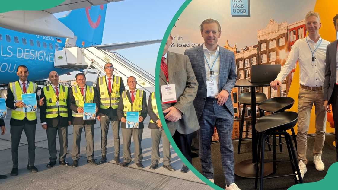 Top flight team standing on the tarmac and inside their office