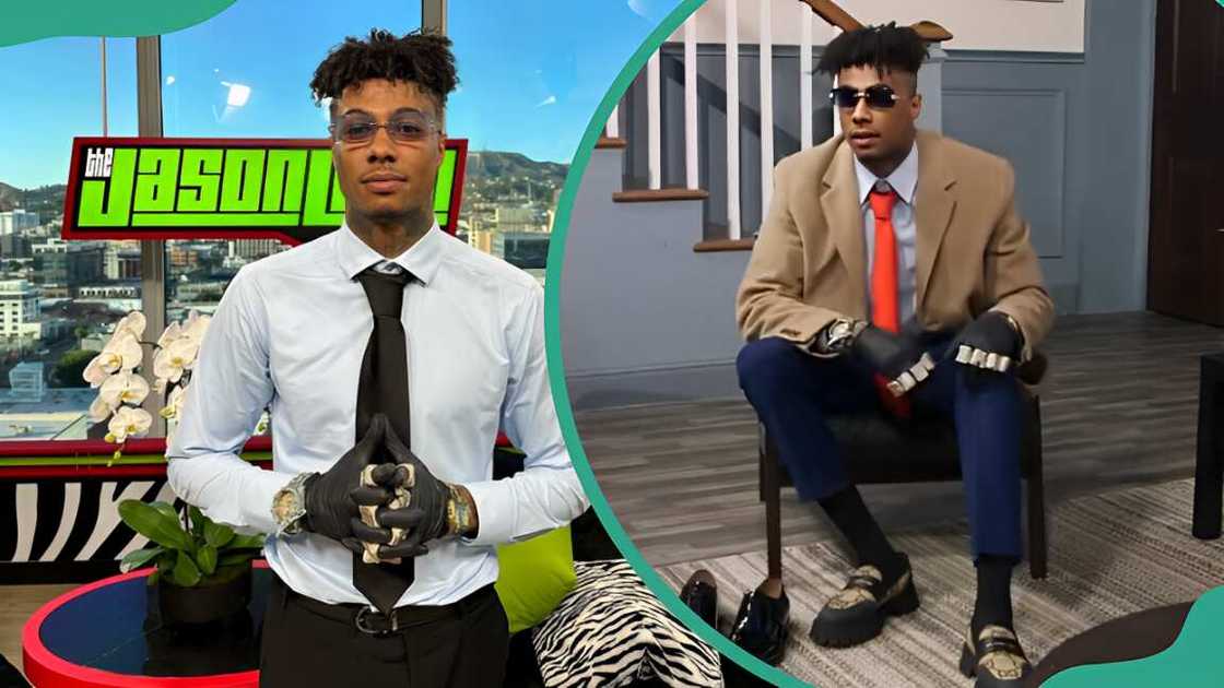 Blueface posing in a blue T-shirt (L). The rapper sitting on a chair (R) Blueface posing in a blue T-shirt (L). The rapper sitting on a chair (R)