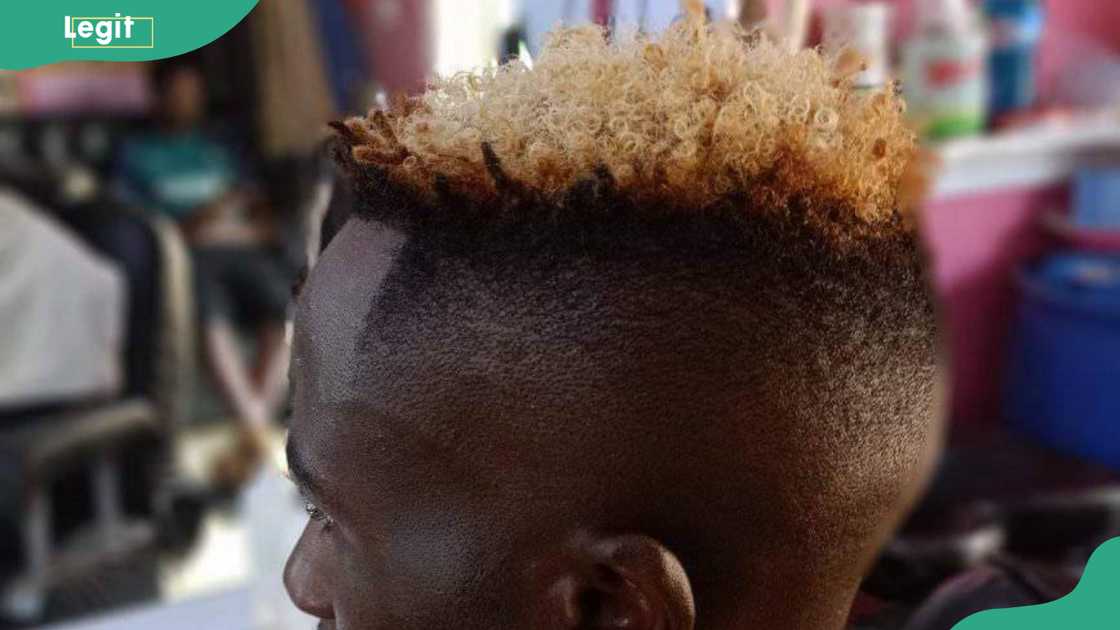 A high-top fade with a blonde streak hairstyle for men