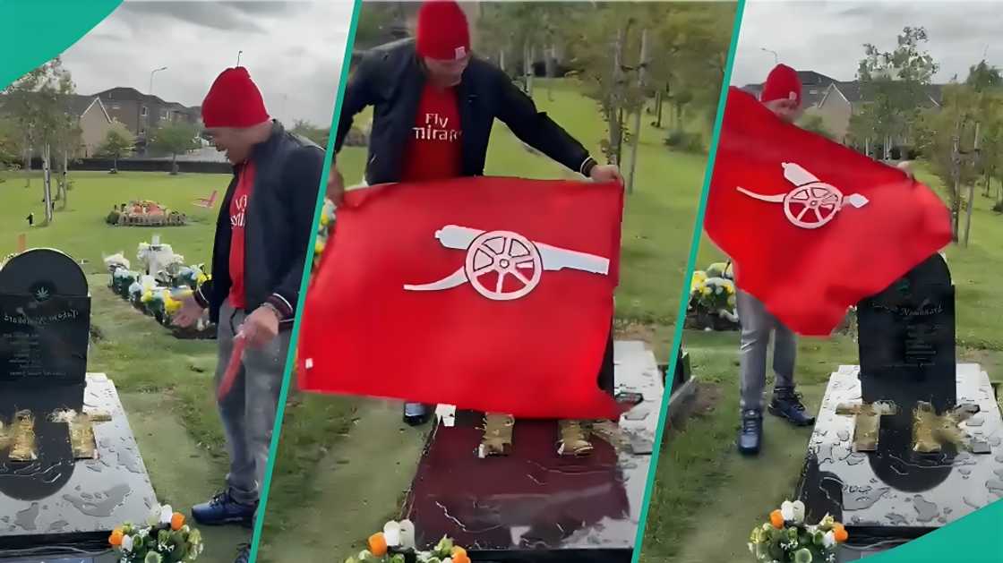 A Nigerian man shared a video where a man visited his friend who is a diehard fan of Arsenal in the grave A Nigerian man shared a video where a man visited his friend who is a diehard fan of Arsenal in the grave