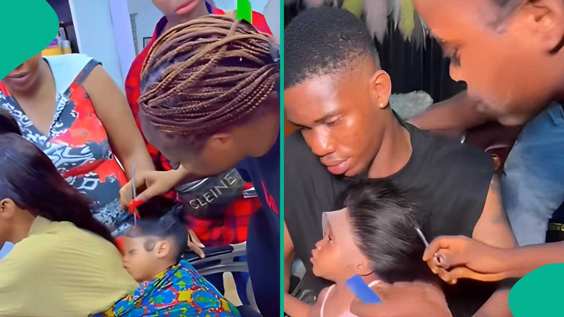 A hairstylist fixes the hair of a child A hairstylist fixes the hair of a child