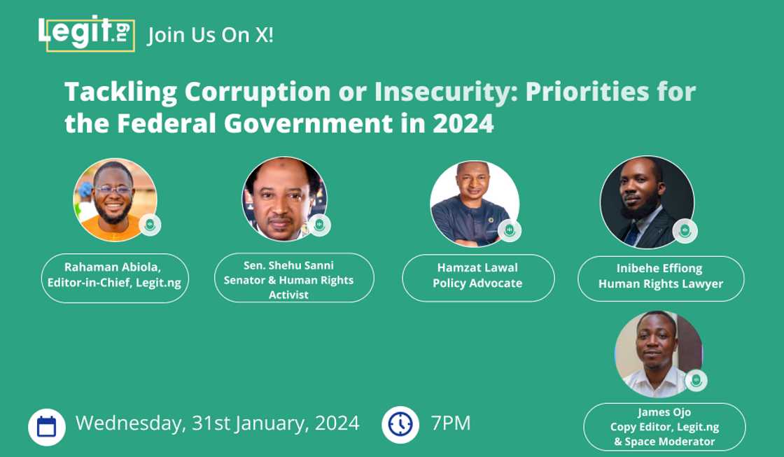 Corruption or Insecurity, Senator Shehu Sani, Rahaman Abiola, Hamzat Lawal, Federal Government, Priority, Legit.ng, X Space