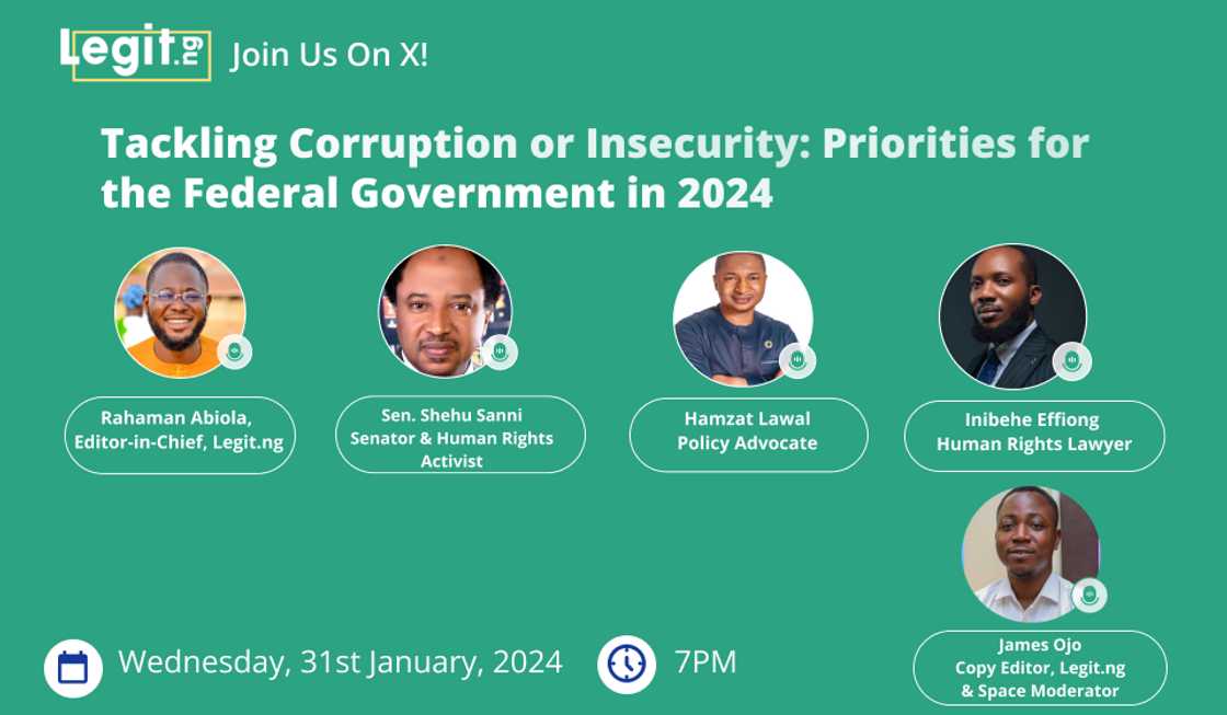 Corruption or Insecurity, Senator Shehu Sani, Rahaman Abiola, Hamzat Lawal, Federal Government, Priority, Legit.ng, X Space Corruption or Insecurity, Senator Shehu Sani, Rahaman Abiola, Hamzat Lawal, Federal Government, Priority, Legit.ng, X Space