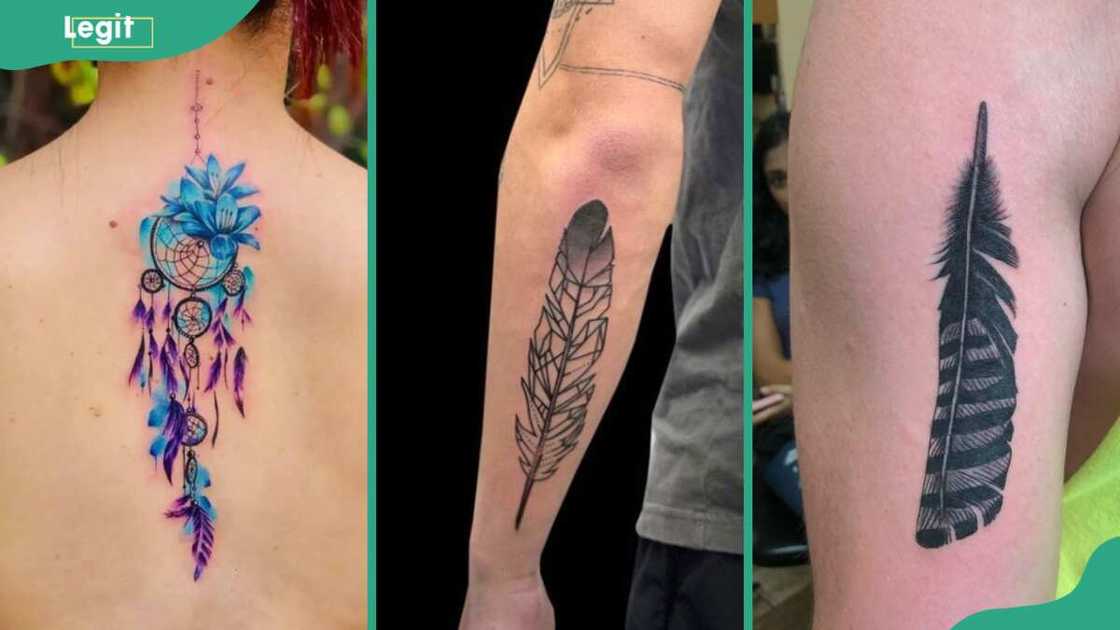 Feather tattoos; Dream Catcher (L), geometric (C), and hawk (R) Feather tattoos; Dream Catcher (L), geometric (C), and hawk (R)