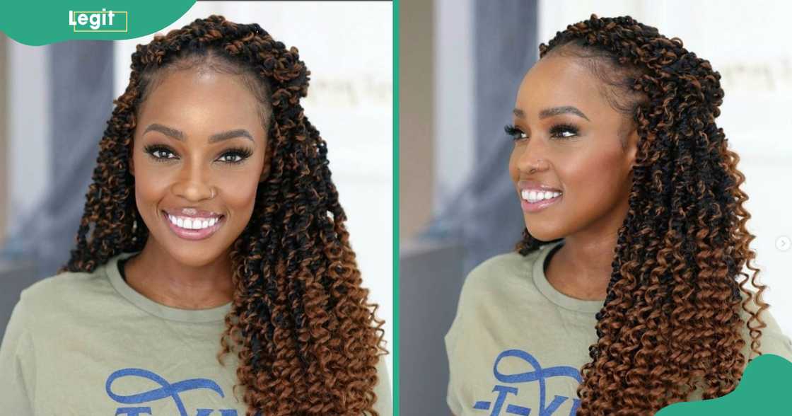 A woman showcases her crocheted passion twists A woman showcases her crocheted passion twists