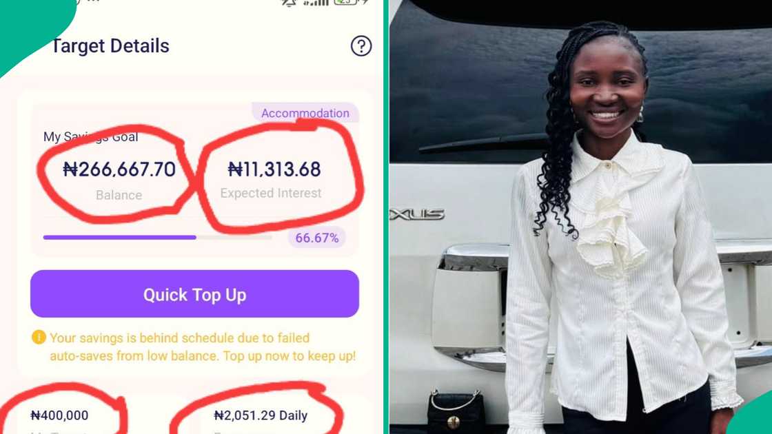 A lady who started saving N2k every day via the Palmpay Target Savings plan shows the unexpected interest she will get. A lady who started saving N2k every day via the Palmpay Target Savings plan shows the unexpected interest she will get.