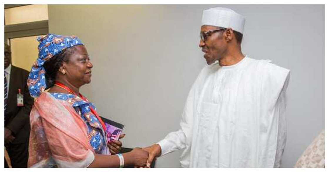 Onochie having a handshake from Buhari