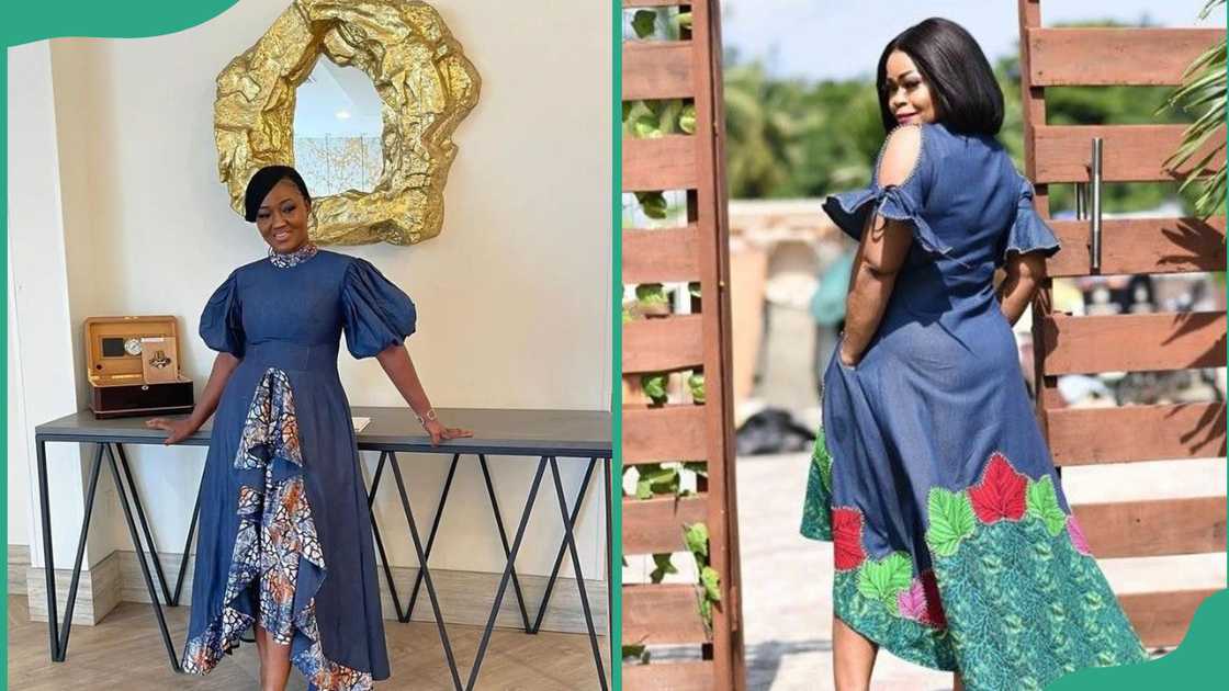 Denim maxi dresses with Ankara prints Denim maxi dresses with Ankara prints