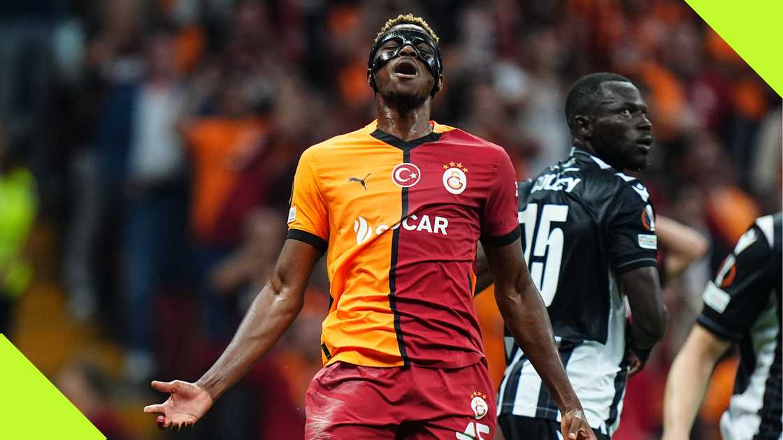 Victor Osimhen reacts after missing a goalscoring chance for Galatasaray during their 3-1 win over PAOK. Victor Osimhen reacts after missing a goalscoring chance for Galatasaray during their 3-1 win over PAOK.