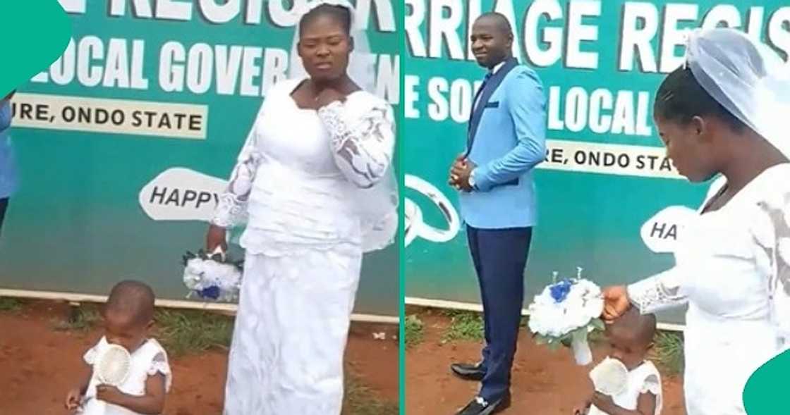 Groom knocks down flower bouquet from bride's hand during court wedding. Groom knocks down flower bouquet from bride's hand during court wedding.