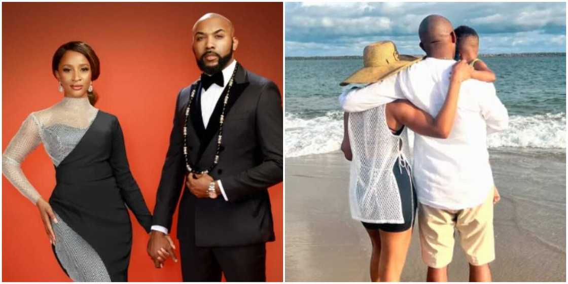 Banky W with wife Adesua Etomi, Adesua Etomi-Wellington with husband Bnaky W and son